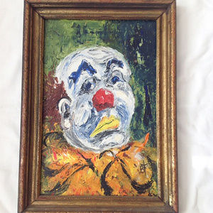 Original VINTAGE CLOWN oil on cardboard painting